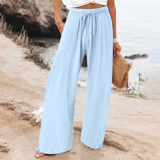 WILLBEST Pantalones Casuales de Lino para Mujer, Cintura Alta Elástica, con Cordón Ajustable, Holgados, de Pierna Ancha, para Actividades Informales En La Playa. Chica