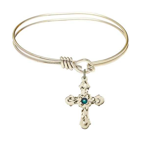 5 3/4 inch Oval Eye Hook Bangle Bracelet w/ Cross medal charm w/ May Green Swarovski Crystal