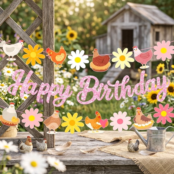 Floral Chicken Theme Happy Birthday Banner Decorations - Glitter Letters & Cute Animal Flower Hanging Decor Set
