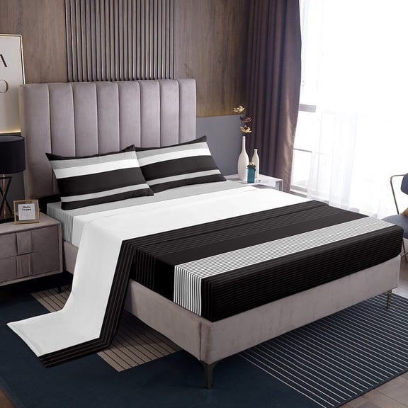 Erosebridal Geometric Stripes Sheet Set Twin,Black White Bedding Sets Twin Size,Abstract Artwork Twin Sheet Sets,Breathable Lines Room Decoration,3pcs