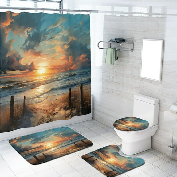Ocean Beach Shower Curtain Sets with Rugs 4 Piece Sunset Scenic Blue Sky Seaside Landscape with Toilet Lid Cover and Bath Mat, Waterproof Shower Curtain with 12 Hooks, 72x72 Inch