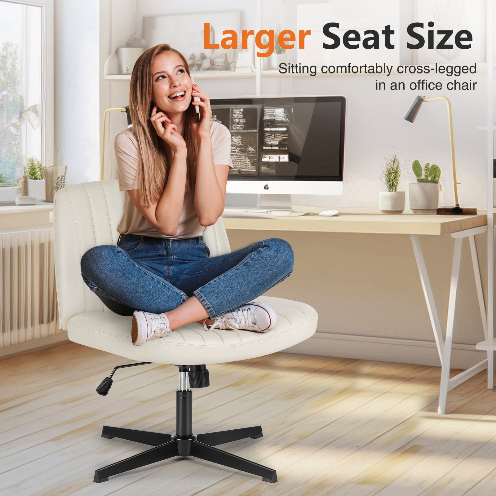 MCQ  Criss Cross Chair Legged Office Wide Comfy Desk Leather Seat, Armless Computer  Seating, Height Adjustable, for Family Bedroom, Biege