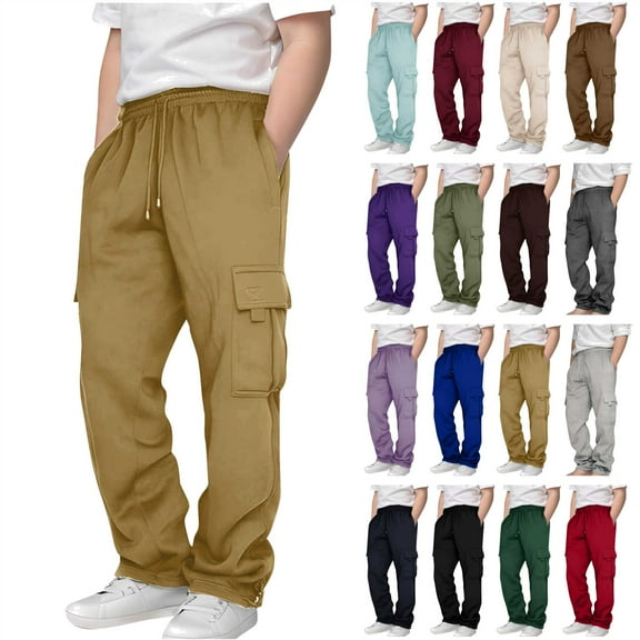 lcziwo Cargo Sweatpants for Teen Boys Casual Elastic Waist Drawstring Sweat Pants Teens Outdoor Workout Joggers Pant with Pockets, Army Green, 5 Years