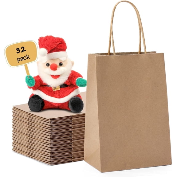 32 Pack 8.3x6.3x3.1 Inch Small Brown Paper Bags with Handles Bulk, Kraft Paper Gift Bags for Birthday Party Favors Grocery Retail Shopping Business Goody Craft Sacks
