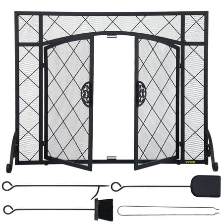 

VEVOR Fireplace Screen 39 x 31.5 inch Double Door Iron Freestanding Spark Guard with Support Metal Mesh Craft Broom Tong Shovel Poker Included for Fireplace Decoration & Protection Black