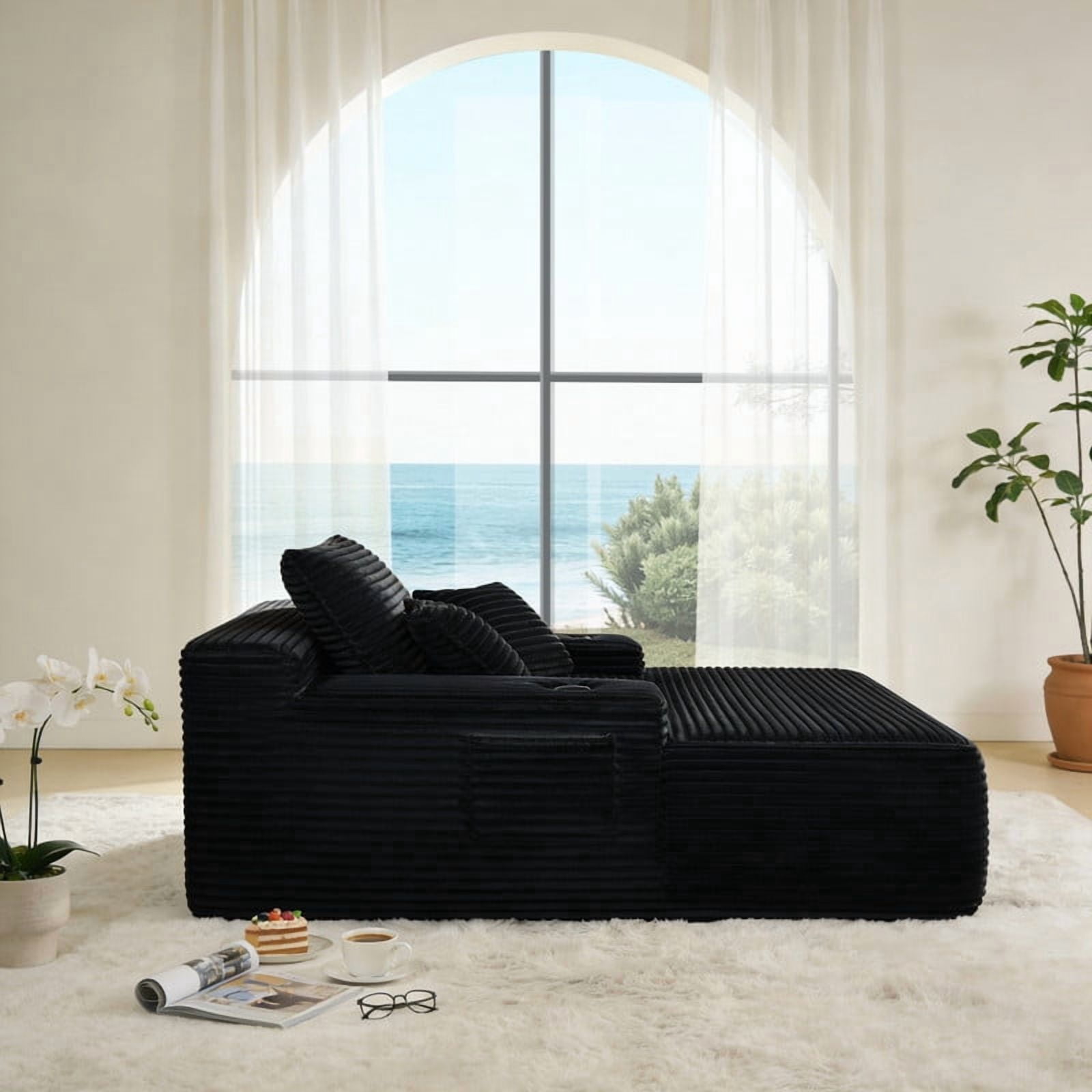 Oversized Chaise Lounge Chair with Cup Holders, Boneless Upholstere Sleeper Chair Deep Seat Sofa Bed Cloud Couch for Living Room, No Assembly Required
