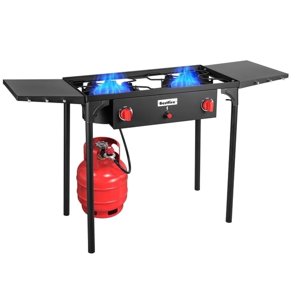 Bestfire 2 Burner Propane Stove , Camping Stove with Side Shelves, 150000 BTU Propane Burners Removable Legs & Regulator Hose & Carrying Bag
