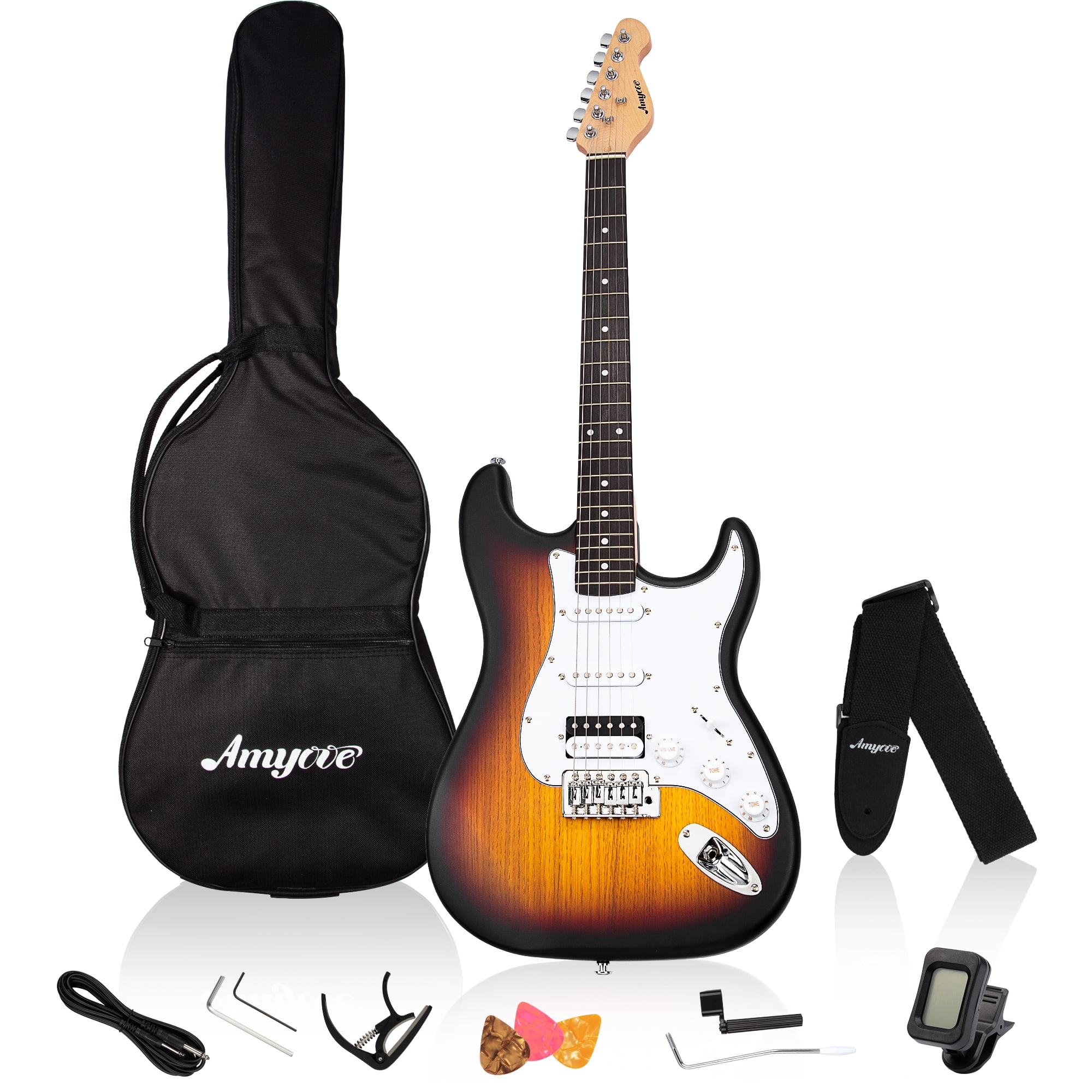 GlorySunshine Full Size 39 Inch Stratocaster Electric Guitar Kits for  Beginners, HSS Electric Guitar for Starters with Bag, Digital Tuner, Capo,  Strap, Cable, Picks(Black) - Walmart.com