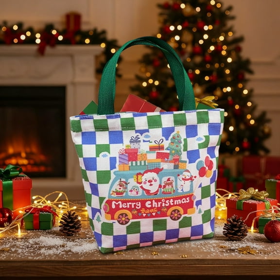 Christmas Tote Bag, Canvas Gift Bag, Santa Claus Holiday Gift Bag with Sturdy Handles, Reusable Festive Christmas Eve Apple Print Tote