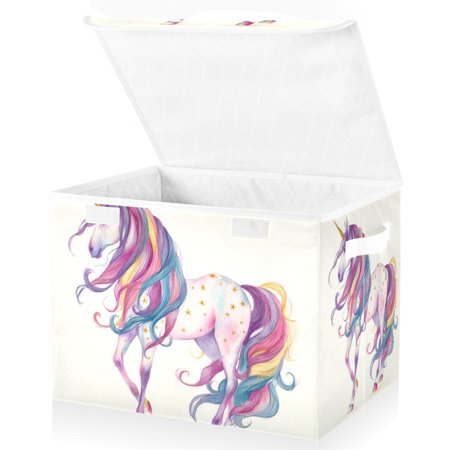 Foldable Fabric Storage Bin With Handle Collapsible Basket Box Storage With Lid Organizer Fairy-tale Horse