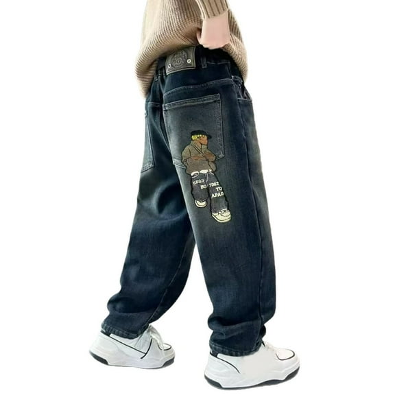 Baggy Jeans Boys Wide Leg Elastic Waist And Multiple Pockets Cargo Trousers Jeans Denim Pants For Children