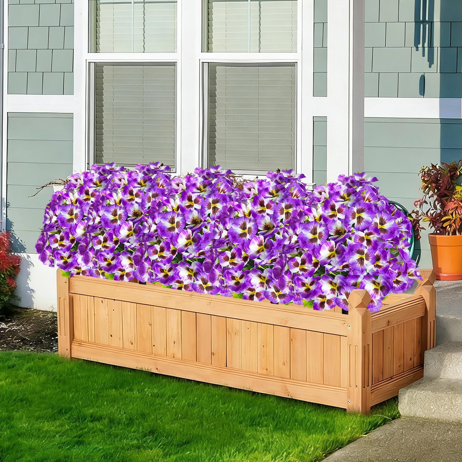 Taotanxi 15.7" Artificial Boxwood Topiary Ball with Flowers Plants with Ground Spikes for Outdoor UV Resistant Realistic Fake Bushes Plants for Garden Yard Front Porch Patio Decor (Purple)