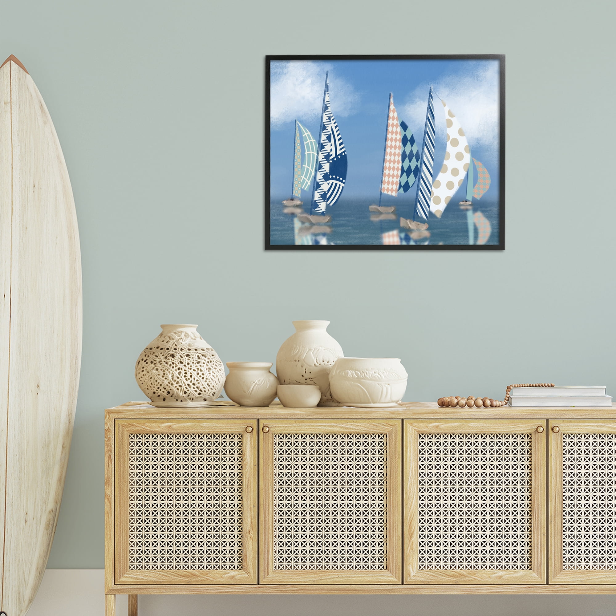 Stupell Industries Patchwork Coastal Sailboats Transportation Painting Black Framed Art Print Wall Art, 30 x 24