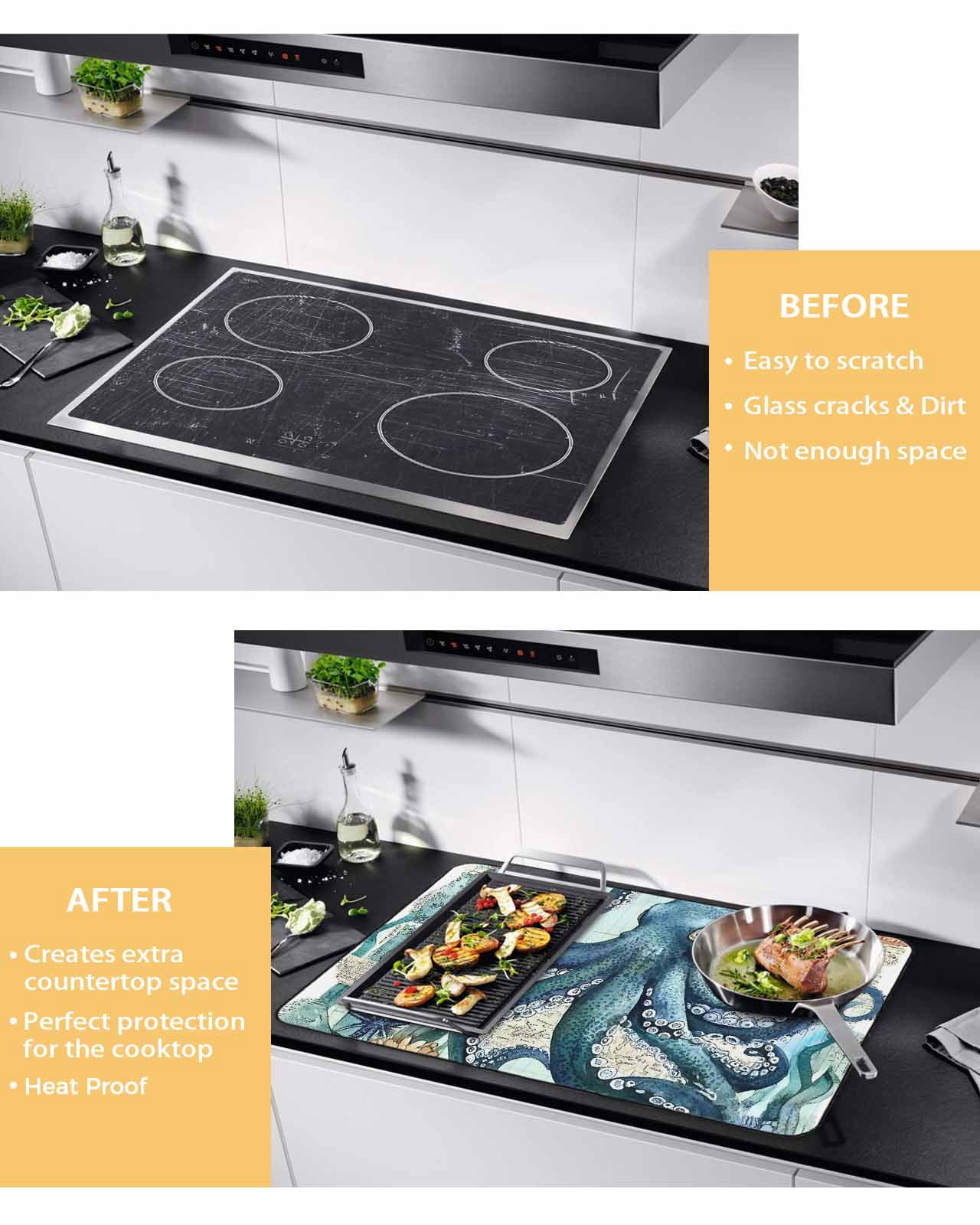 nqOlkjepod Large Induction Cooktop Protector Mat 24"x21", Ocean Octopus Stove Top Covers for Electric Stove, Nautical Coastal Vintage Starfish Coral Stove Burner Cover Mats, Glass Top Stove Cover