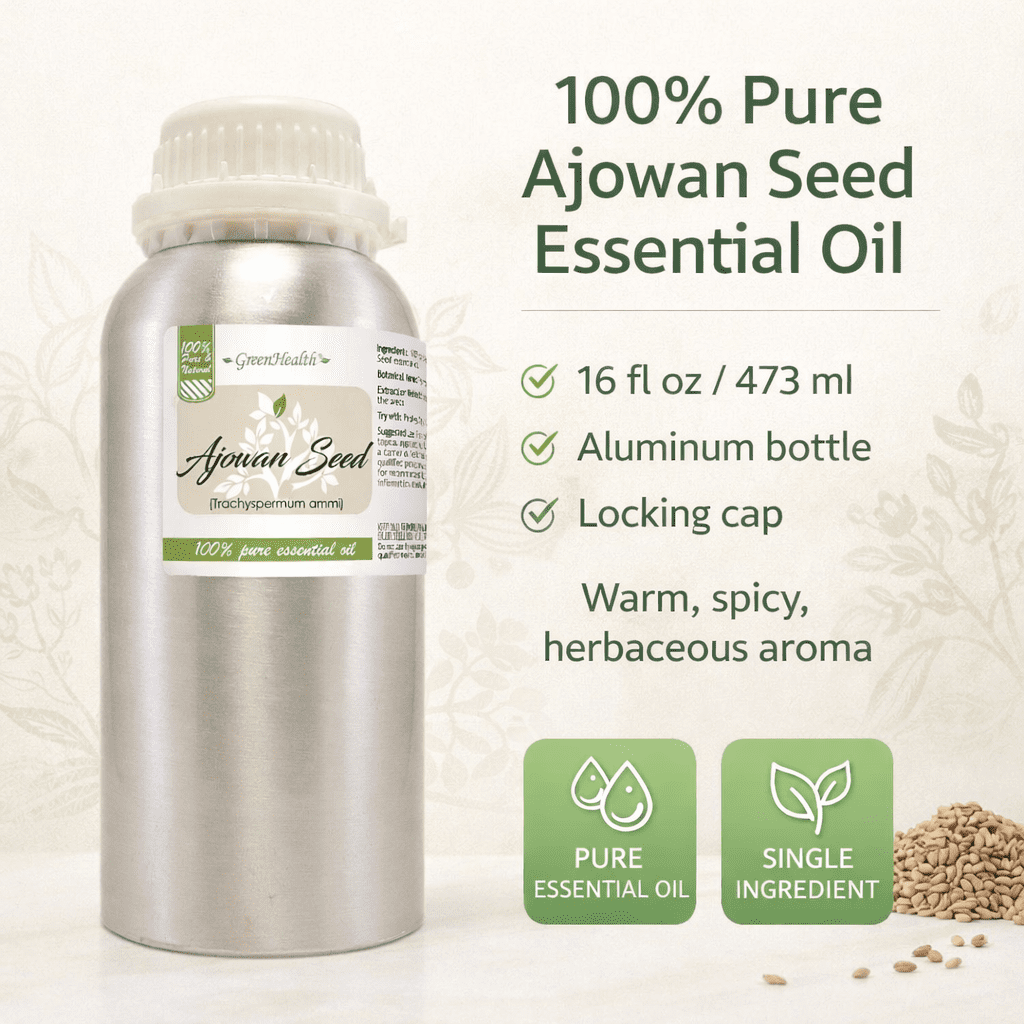 GreenHealth Ajowan Seed Essential Oil, 16 fl oz, 100% Pure Essential Oil, Aluminum Bottle with Locking Cap