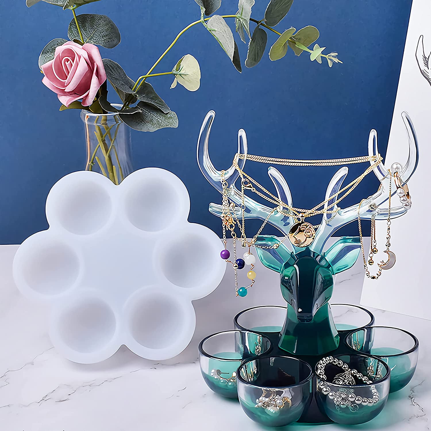 ABCISI Resin Kits and Molds Complete Set, Silicone Resin Mold Storage Boxes with Deer Handicraft Resin Mold Kit, 6 Bowl-Shaped Boxes for Candlestick, Candy, Makeup and Jewelry Containers