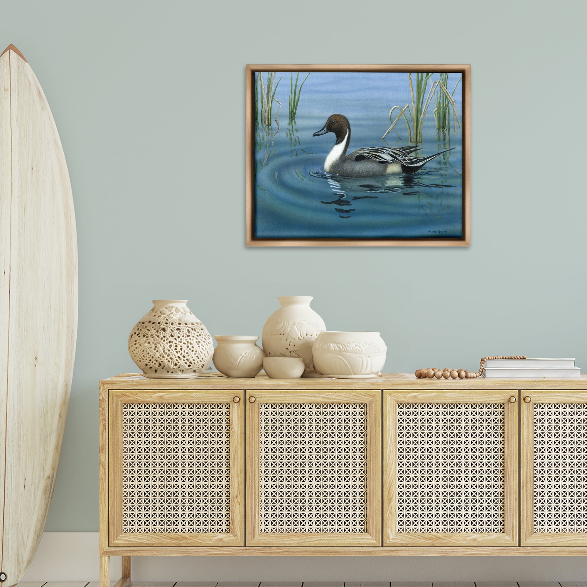 Stupell Industries Pintail Loon in Pond Animals Painting Brown Floater Framed Canvas Art Print Wall Art, 31 x 25