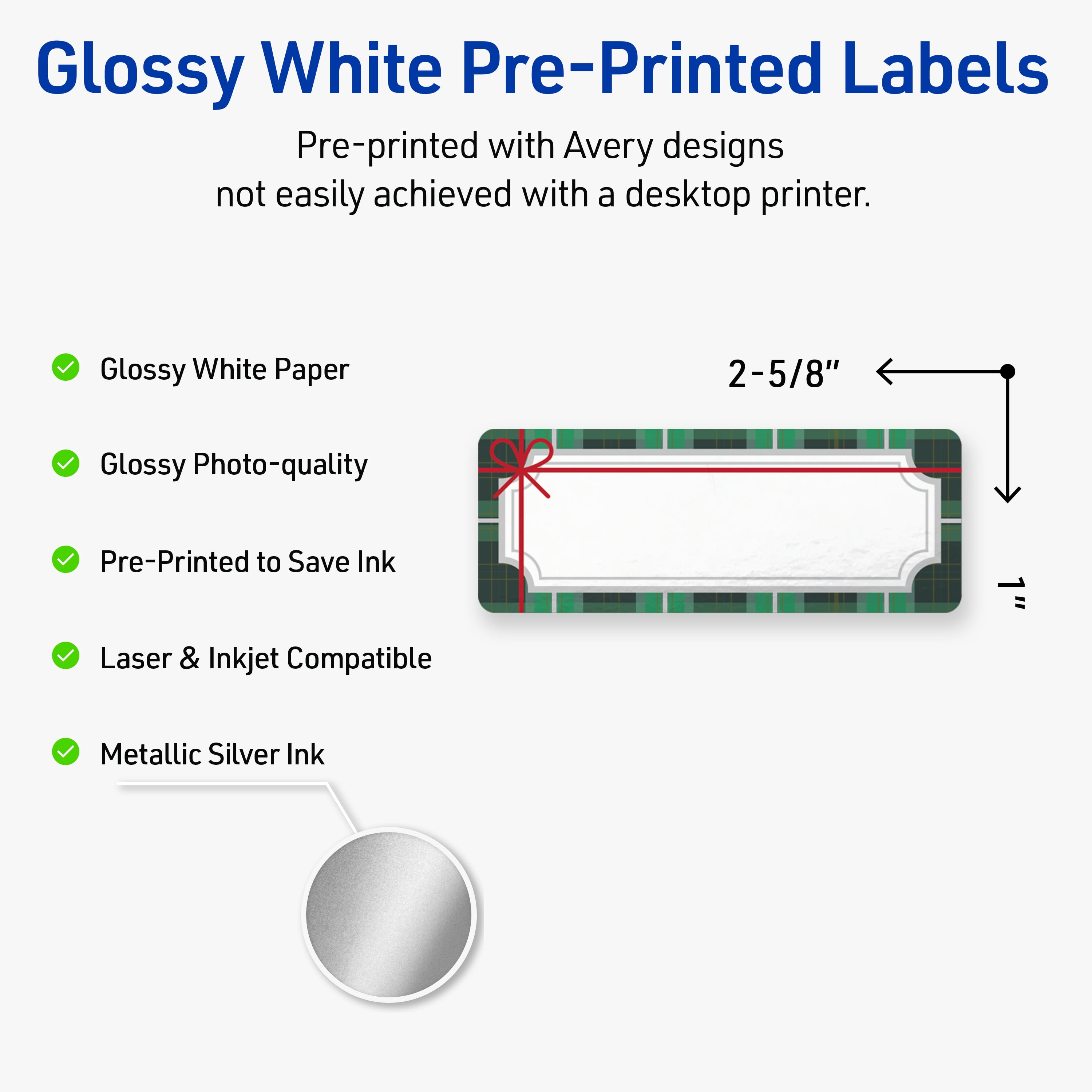 Avery Labels, 1" x 2-5/8", Silver-Green Plaid, Glossy, 160ct