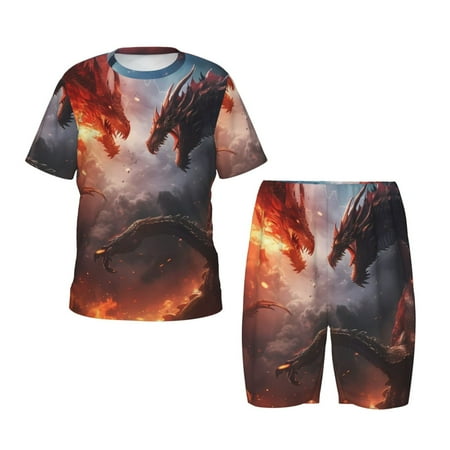 Luyuia Fire Sky Dragon Print Girls  2-Piece Tie-Dye Pajama Set  Cute Summer Loungewear with Shirt and Tank Shorts Nightwear-3X-Large