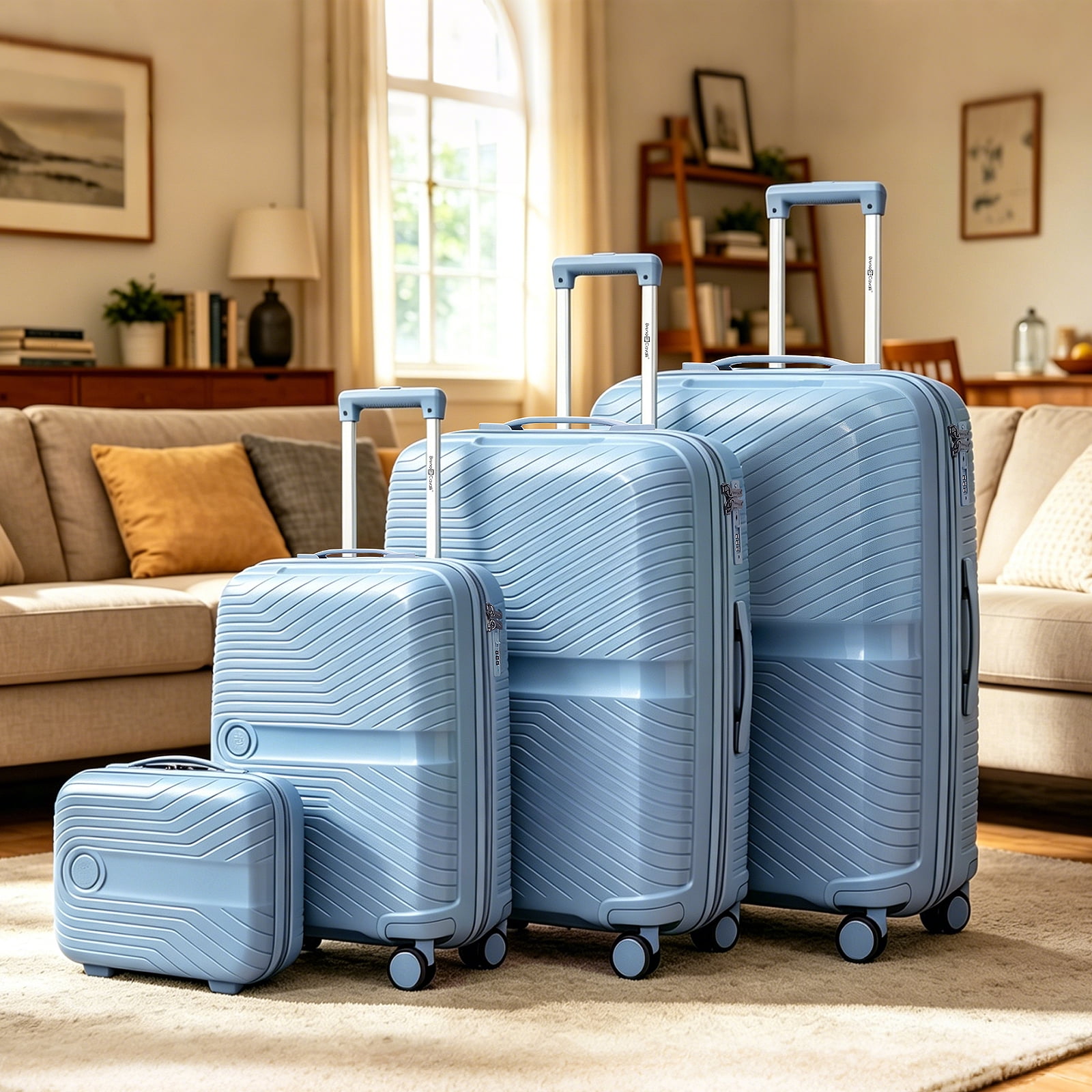4 Piece Expandable ABS Luggage Set 13"+20"+28"+32", Hard Shell Spinner Suitcases with TSA Lock, Lightweight Travel Suitcase for Family Trip GREY BLUE