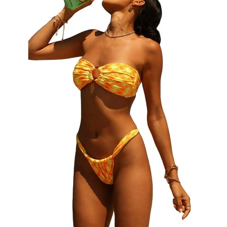 Baby Sweetie Women 2 Piece Bikini Set  Tie Back Strapless Bikini Bra and Elastic Thong Swimsuit for Summer Bathing Suit