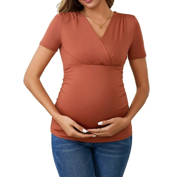 Blusa de verano para madres INSPIRE CHIC con escote en V, manga corta, para lactancia y embarazo, camisetas fruncidas en marrón rojizo medio