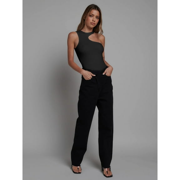 Aayomet Women Jumpsuits Women's Bodysuits One Shoulder Ribbed Knit Sleeveless Crew Neck Tank Tops Bodysuits,Black XL