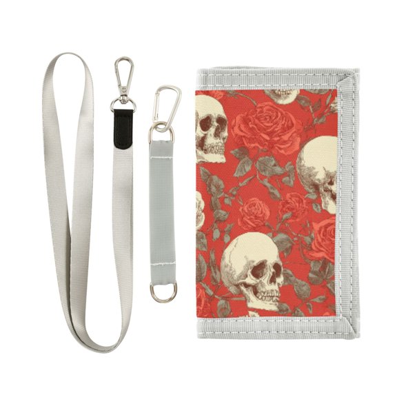 JIALIOU Nylon Trifold Card Wallet with ID Window Zipper Pocket for Men Women Teen Skull and Rose