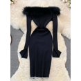 thumbnail image 2 of Vestido ajustado de punto con hombros descubiertos para mujer, Cuello de piel de moda con traje Sexy, parte inferior ajustada, D5157, 2 of 3