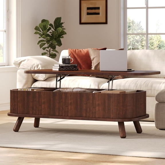 47" Fluted Lift Top Coffee Table with Storage, Modern Oval Wooden Coffee Table for Living Room or Home Office, Safe Rounded Corners & Hidden Compartment