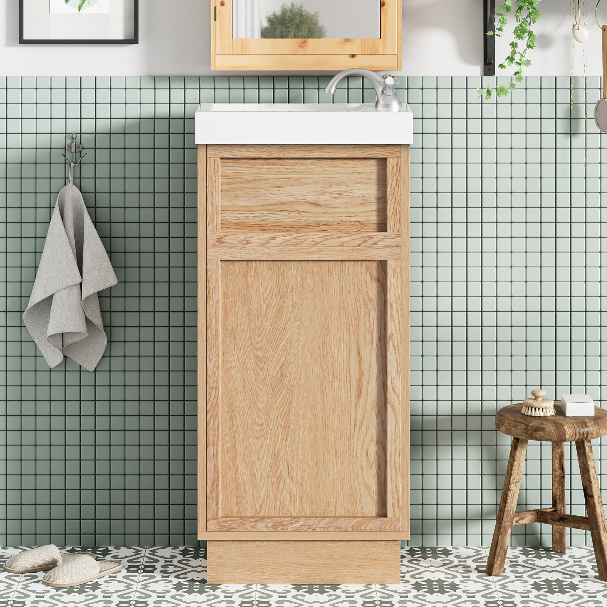 15.75" Bathroom Vanity for Small Spaces**, Reversible Resin Sink & Door, Push-to-Open MDF Cabinet, Adjustable Shelf, Soft-Close Rustic Wood Finish