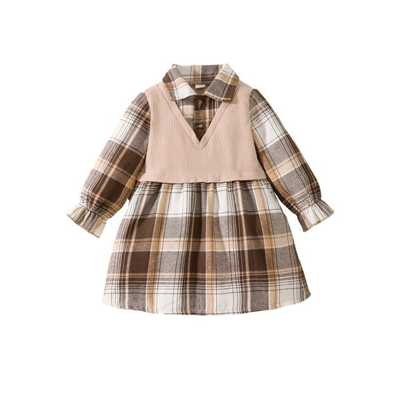 Kucnuzki Infant Baby Girls Dress 12 Months Baby Girls Fake 2pcs Dress 18 Months Lapel Long Sleeves Dress Plaid Prin One-piece Overalls A-line Dress Outwear Clothing Khaki
