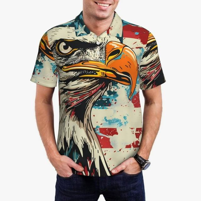 Fotbe Retro American Eagle Camiseta Polo de Golf para Hombre con Estampado – Camisa Deportiva Transpirable con Cuello Abotonado-3X-Large
