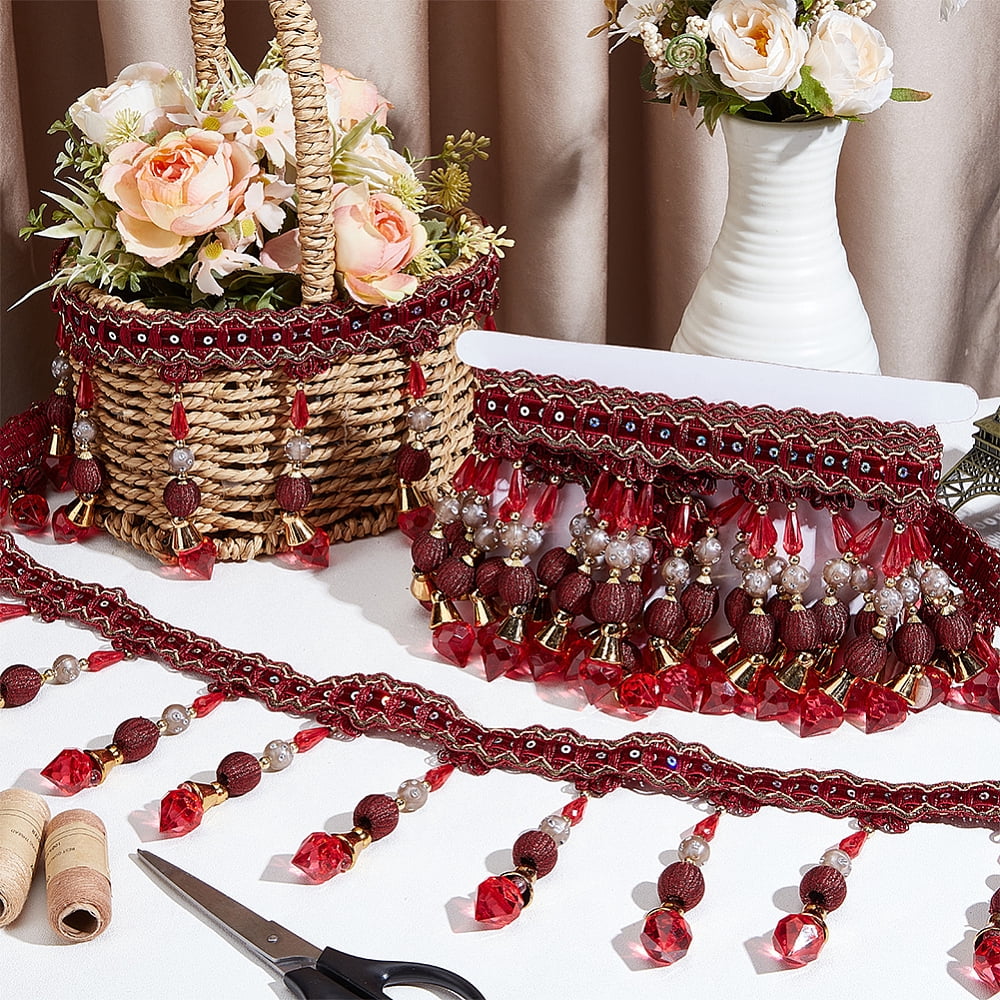 4.4 Yard Red Beads Tassel Curtain Trim 5.1 Inch Wide Beading Fringe Trimming Beaded Hanging Ball Tassel Fringe Trim Polyester Fringe Lace Ribbon
