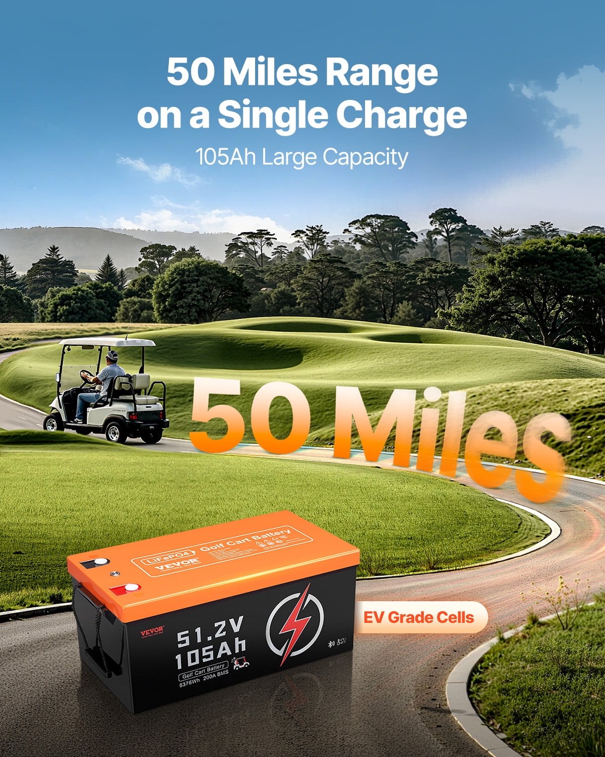 VEVOR 48V 105Ah Golf Cart Lithium Battery, 48 Volt Golf Cart Battery with 200A BMS, LCD Monitor and Mobile APP, LiFePO4 Battery with 600A Peak Current, ABS Shell and 4000+ Cycles, for Golf Carts