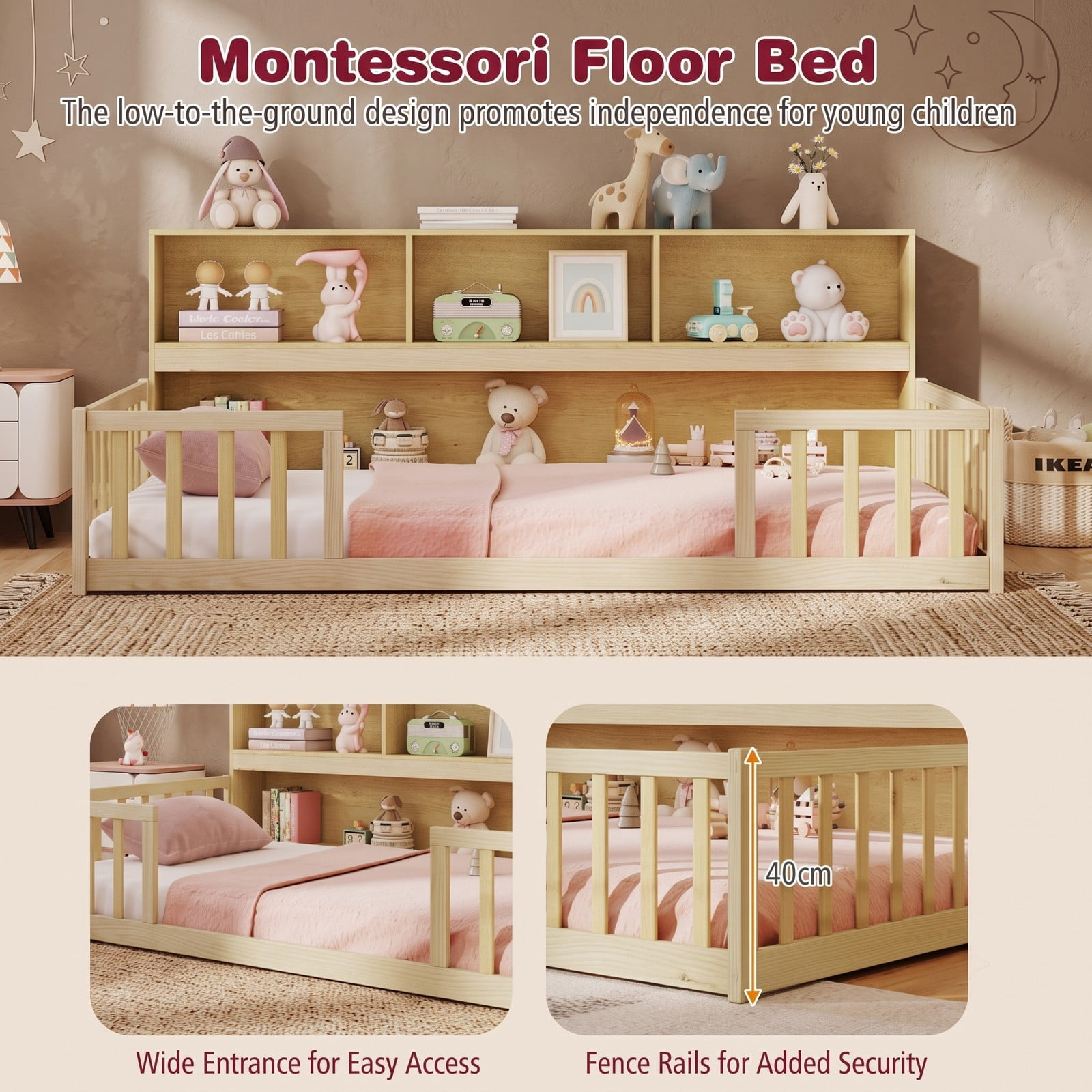Furnibear Full Size Montessori Floor Bed Frame with Bookcase Headboard and Full Length House Rails for Kids Room, Natural