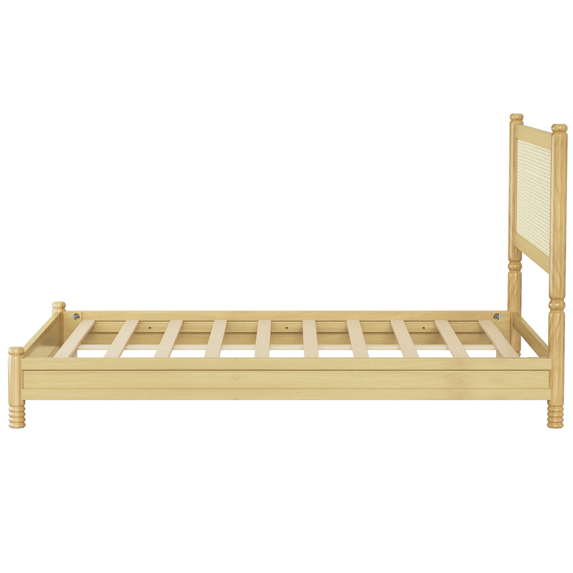 GDF Studio Annes Full Size Boho Rattan Platform Bed Frame with Turned Legs, Woven Cane Pine Wood Bed Frame, Natural