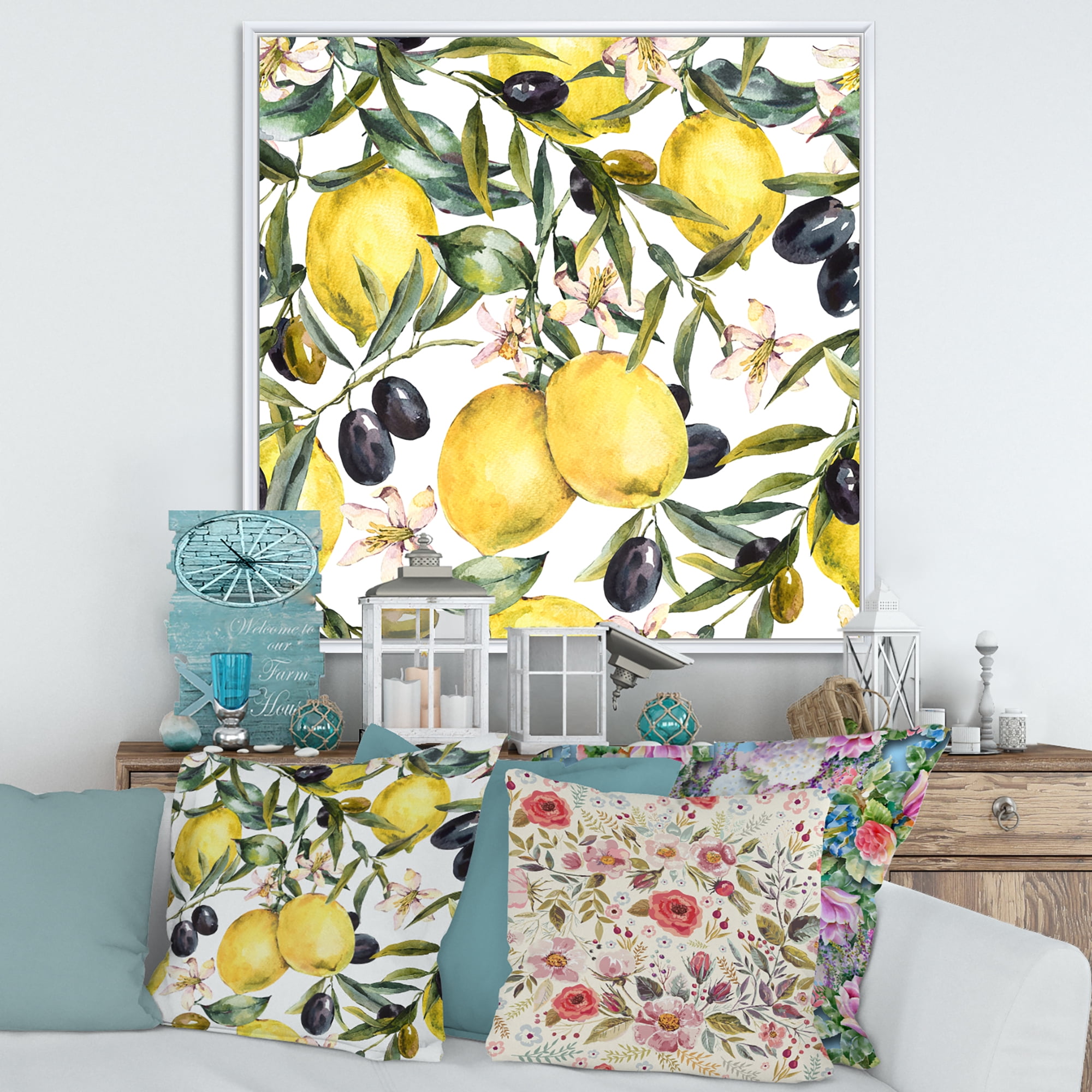 Designart 'Olive and Lemon Branches I' Tropical Framed Canvas Wall Art Print