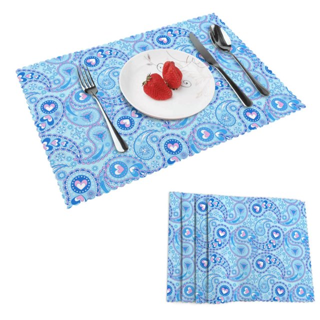 DouZhe Polyester Placemats Ensemble de 4, Motif Paisley Bleu Style Indien Résistant à la Chaleur Place Mats pour Table à Manger, 12 Pouces x 18 Pouces