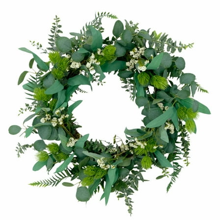 Puleo International 24" Artificial Eucalyptus Floral Spring Door Wreath, Green/White
