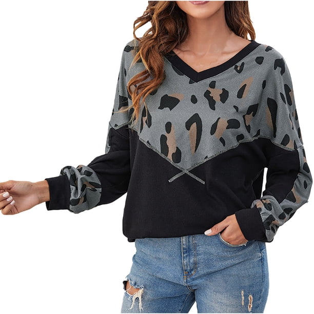 Moda mujer Casual suelta Leapard impreso Irregular empalme cuello redondo camisetas Tops Fridja FKASFK2458