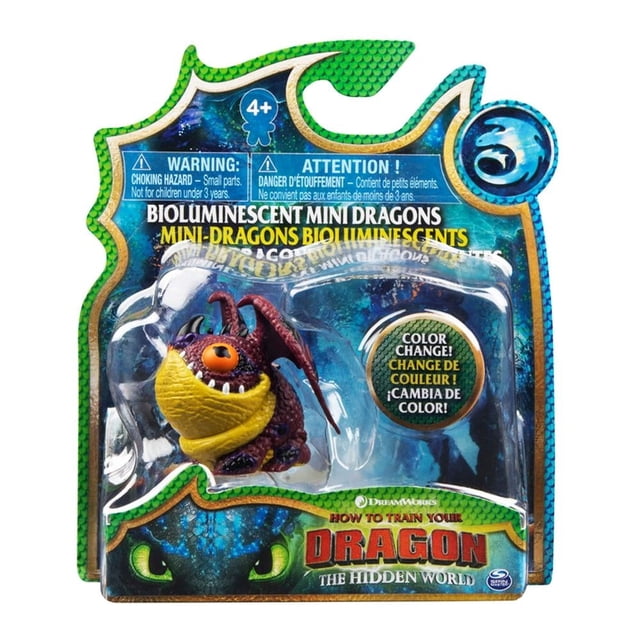 mini dragón bioluminiscente spin master cómo entrenar a tu dragón hobglotón 1.9 pulgadas Figura de acción de 5 cm Hobglotón multicolor en empaque visible, vista centrada; cuerpo texturizado, ojos anaranjados y área frontal amarilla, rótulo que indica cambio de color en agua caliente a 31 °C, recomendado para 4+ años. Es often usada como pieza coleccionable para exhibición o juego.