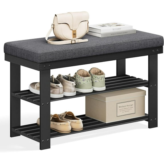 Bamboo Shoe Bench, 3-Tier Shoe Rack, Stable Shoe Organizer for Entryway, Living Room, Bench Seat Holds Up to 330 lb, 11.4 x 28 x 19.3 Inches, Black and Gray