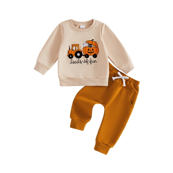 RUINIXCW Toddler Boy Halloween Outfits Tractors Pumpkin Letter Ghost Embroidery Crew Neck Sweatshirt and Jogger Pants 2 Piece Set