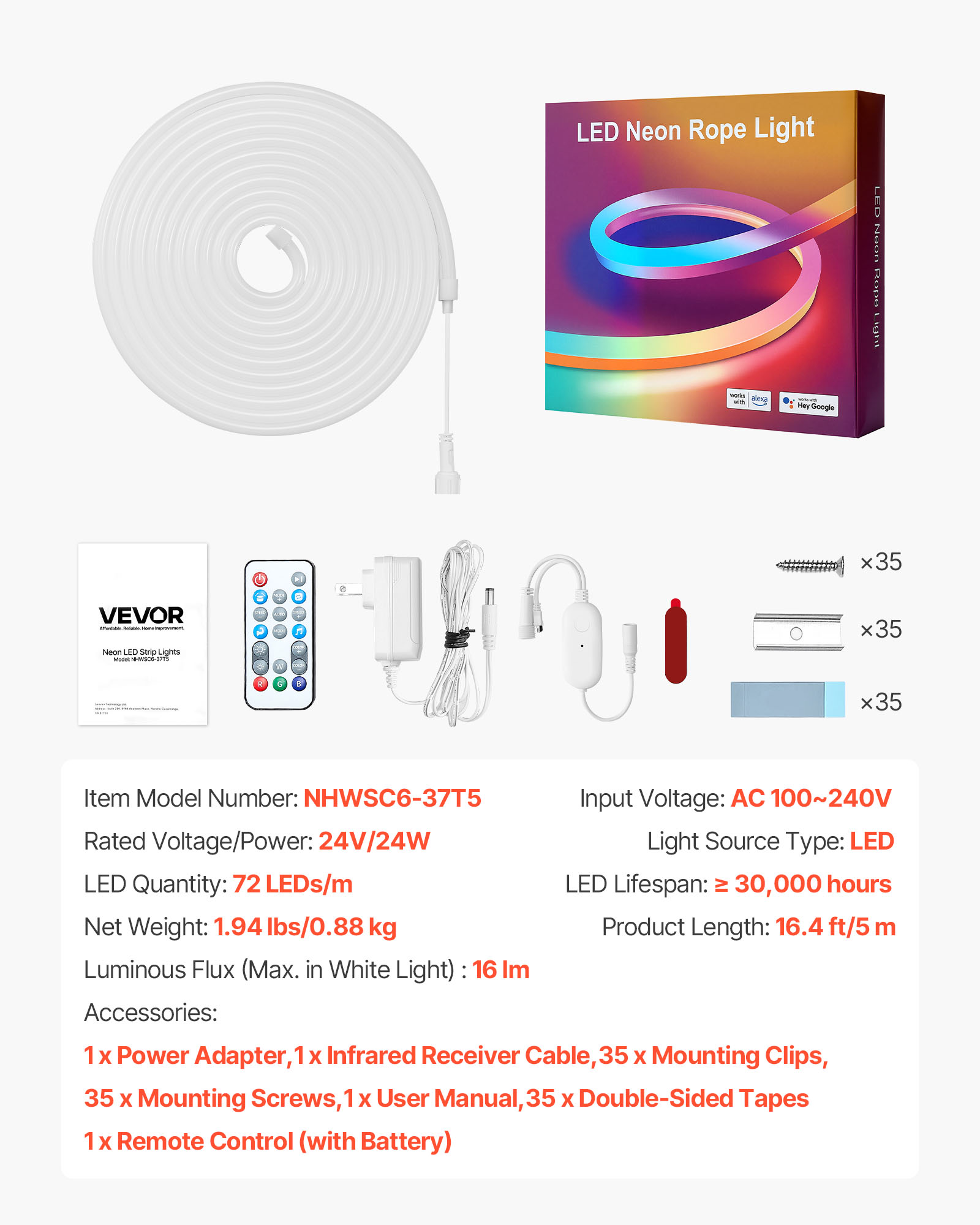 VEVOR LED Neon Rope Light, 16.4 ft, Flexible RGBIC LED Strip Light, Control with App/Remote, Works with Alexa & Google Assistant, Music Syncing, Custom DIY Neon Flex Lights, for Bedroom Gaming Indoor