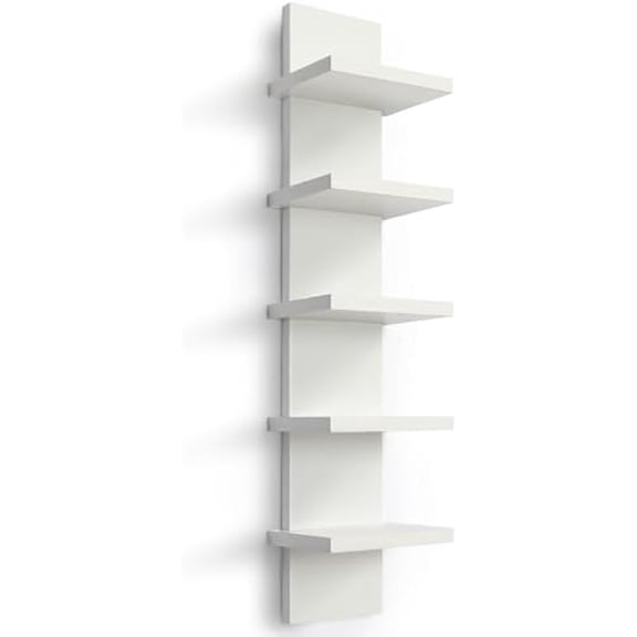 5 Tiers Floating Wall Shelf, Small Vertical White Floating Shelf for Narrow Spaces, Modern Wall-Mounted Decorative Shelves for Bedroom Living Room, Lightweight Wood-Plastic