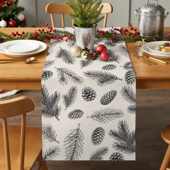 Table Runner 90 Inches Long - Winter Pine Branches Pinecone Decorative Table Scarf, Farmhouse Botanical Retro Linen Dining Table Runners for Wedding Party Kitchen Dining Tables