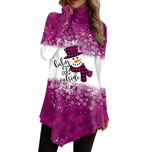 Gibobby Blusas Elegantes Para Mujer Camiseta con estampado navideño de muñeco de nieve y dobladillo irregular con cuello para mujer(Morado, XL)