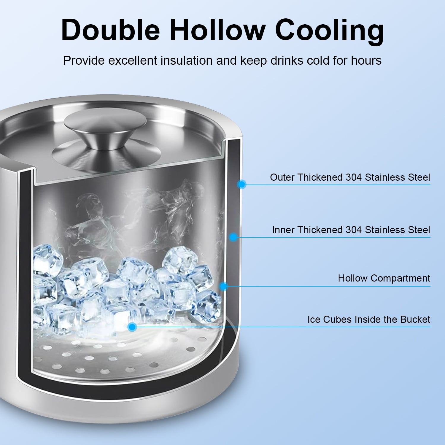FENGFAN 3L Insulated Ice Bucket, Double-Wall 304 Stainless Steel Ice Holder with Accessories for Party Bar Use