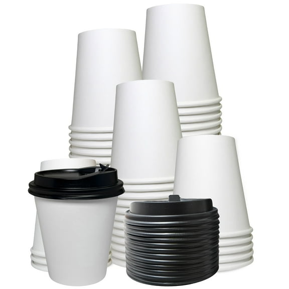 [25 Pack] 12oz Disposable White Paper Coffee Cups with Black Dome Lids - For Hot, Cold Drink, Coffee, Tea, Cocoa, Travel, Office, Home, Cider, Hot Chocolate, To go, Compostable, Biodegradable